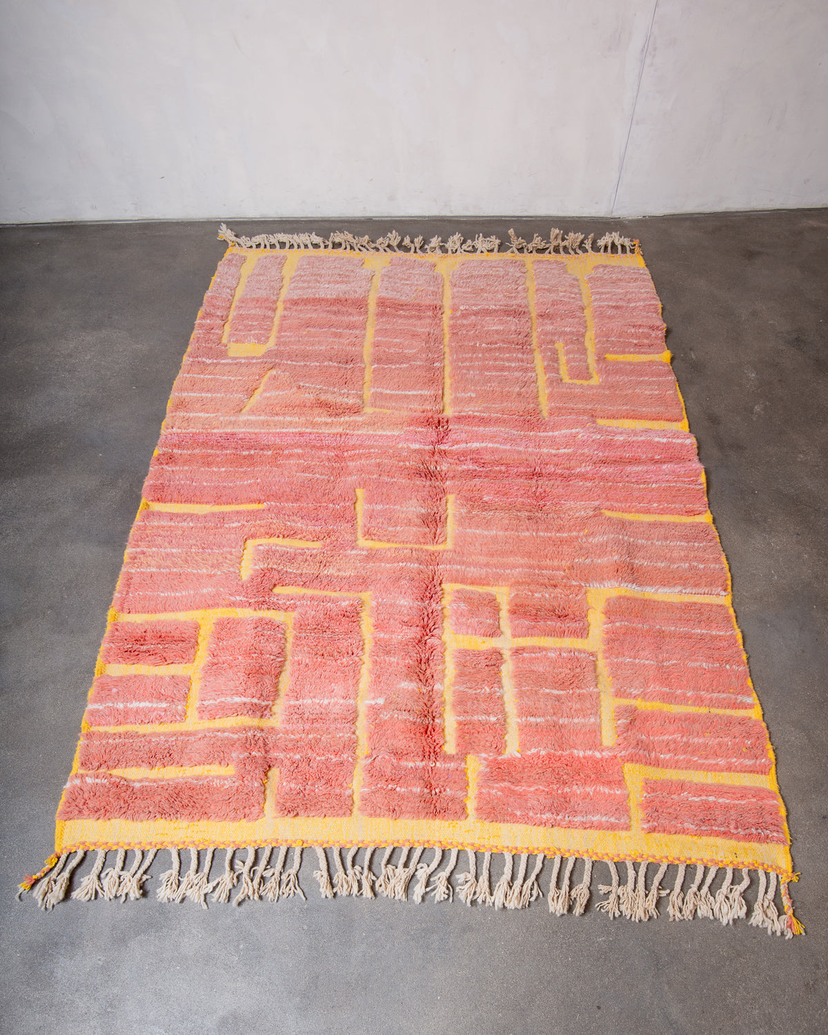 Modern, designer, handcrafted Berber rug from Morocco. Beniourain carpet with beautiful colours and patterns and fluffy wool texture.